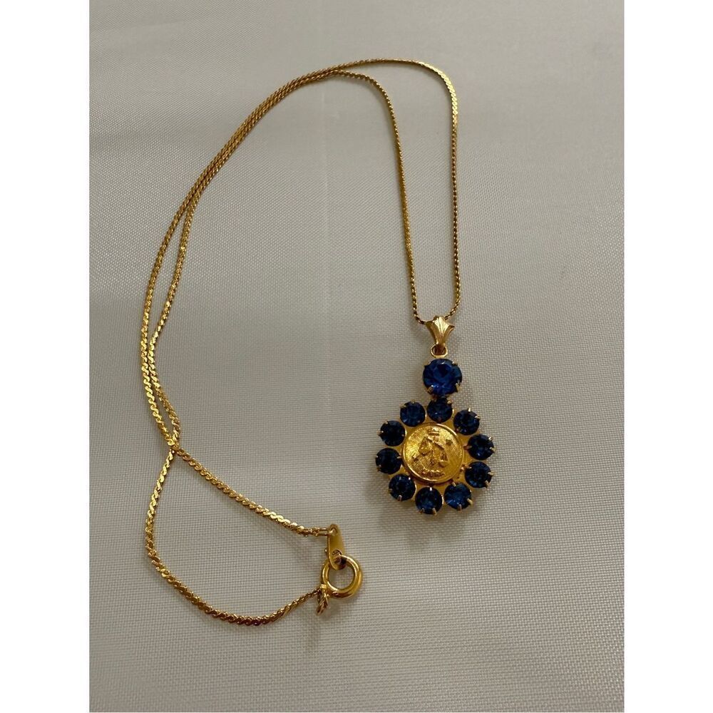Vintage Zodiac Libra Goldtone and Blue Rhinestone Necklace Marked SIR